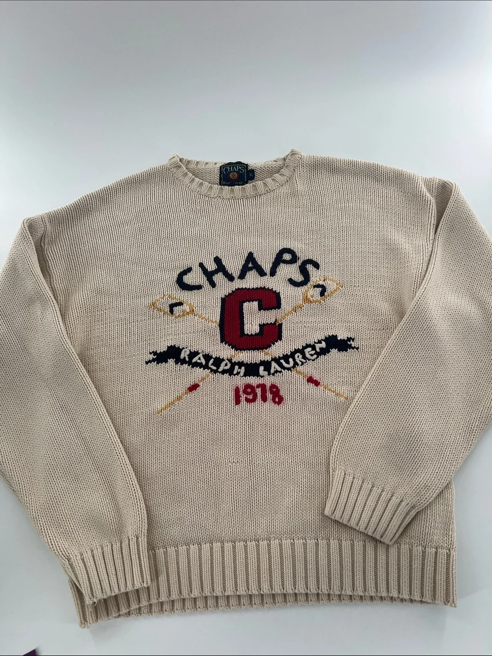Vintage Ralph Lauren Chaps Cream Logo Knit Sweater oars Preppy Academia Rush XL